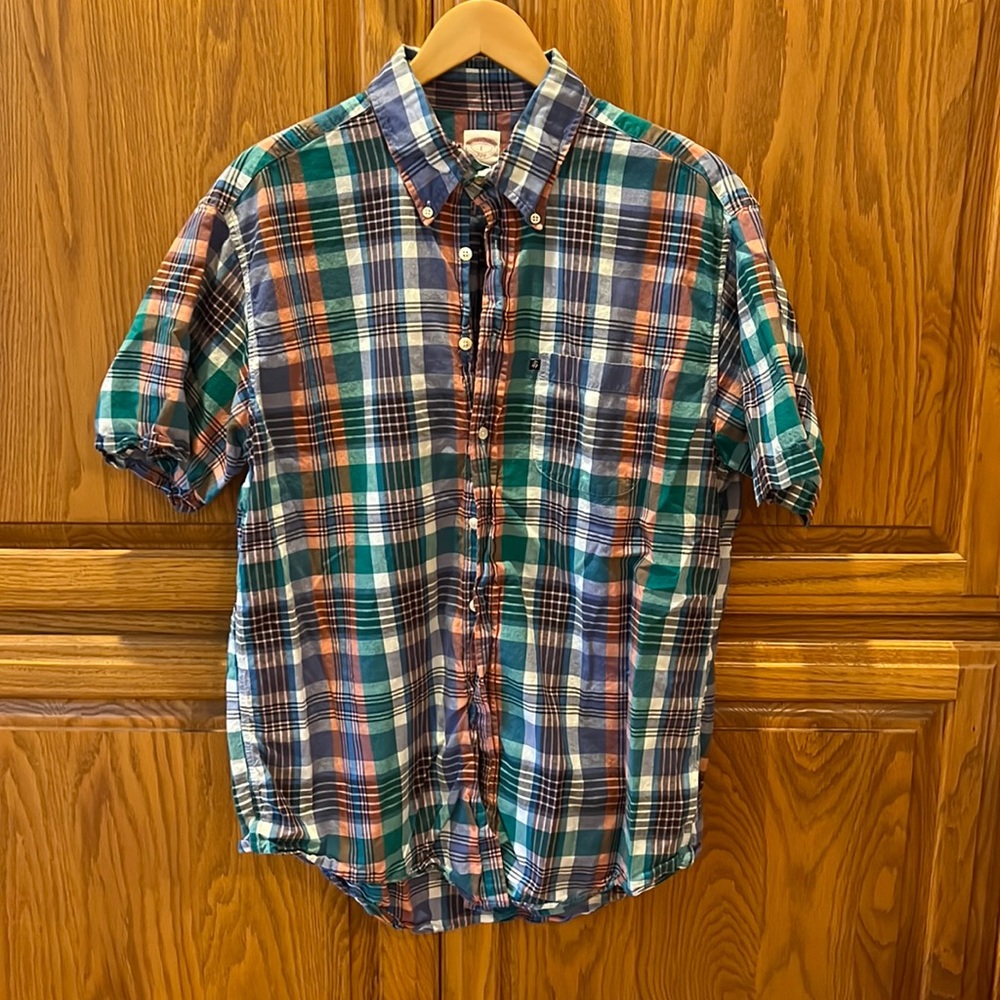 Green/Blue/Orange/White Plaid Men’s Brooks Brothers Short Sleeve Button Down